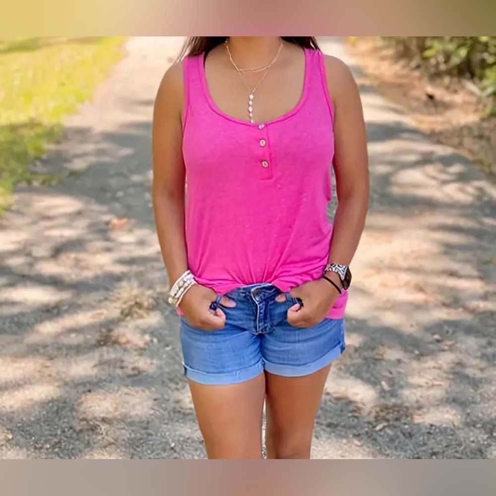 **SOLD** Solid Crew Neck Tank Top, Casual Button Front Sleeveless Tank Summer XL